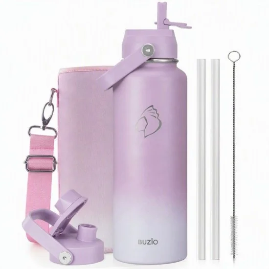Buzio Duet Series Water Bottle with 2 Lids and Sleeve 1.2L - Purple White